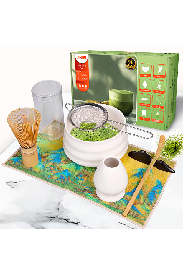 Matcha Set Natural Bamboo & Premium Ceramic Whisk for Mixing Matcha Tea (White)