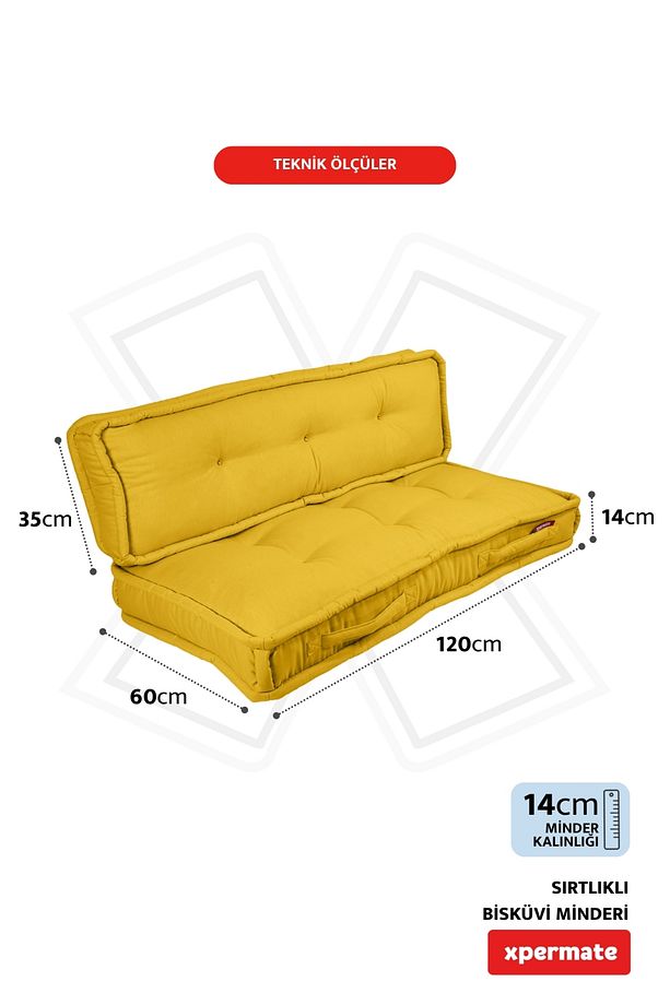 Bisküvi Yer Minderi Petek Önü Palet Üstü Minderi Bank Ve Bahçe Minderi 60x120x14 Cm Sarı - 3