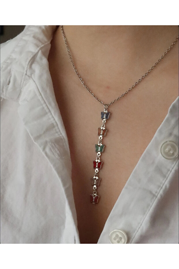 Silver Color Butterfly Stone Detail Y Model Steel Necklace