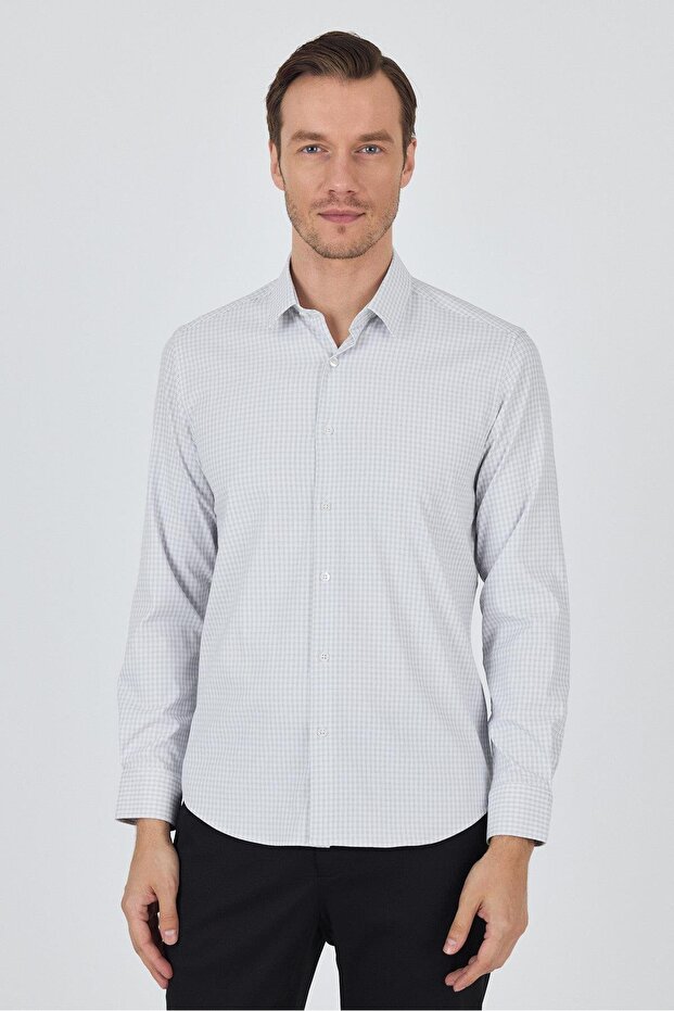 Men's White-Grey Hard Collar Long Sleeve Slim Fit Flexible Shirt 1004250232