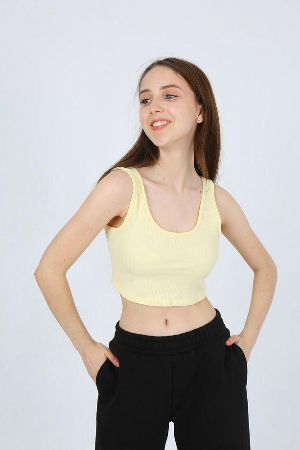 Sarı Basic Örme Kaşkorse Çift Omuz Kadın Crop Atlet - 4