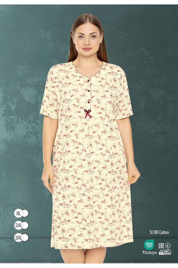 Women's Plus Size Floral Print 100% Cotton Short Sleeve Nightgown / Cream-Purple - 501-B