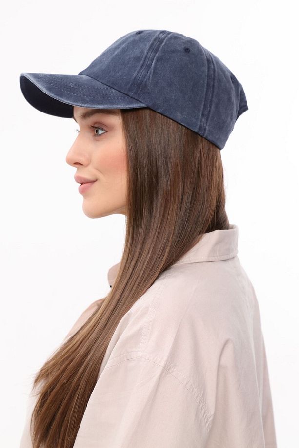 Lacivert Eskitme Model Yıkamalı Unisex Kep Şapka - 2