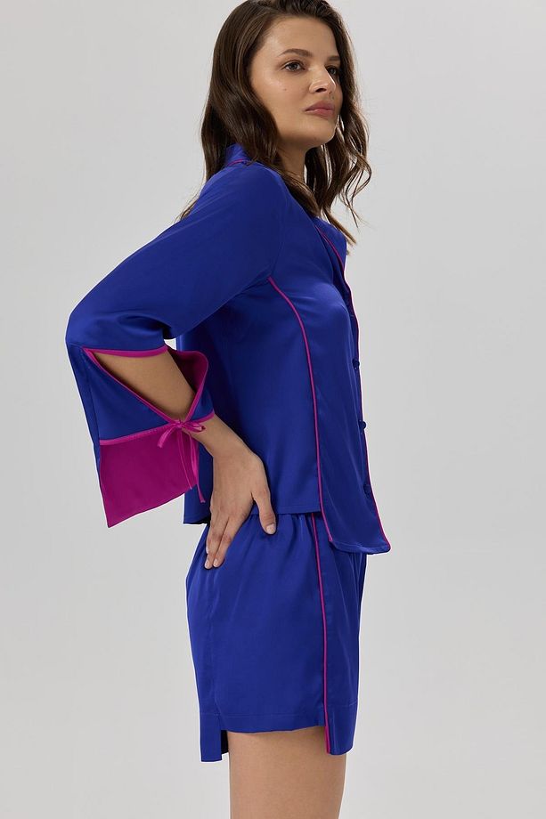 Addria Saks Mavisi Şortlu Saten Pijama Takımı - 5