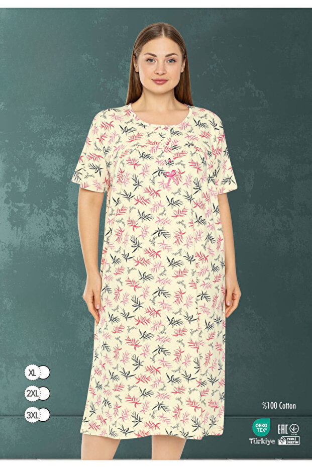 Women's Large Size Patterned 100% Cotton Short Sleeve Nightgown / Cream - Pink - - B 516