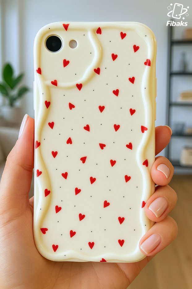 iPhone 16E/17E Case Camera Protected Wave Edge Red Heart Pattern Silicone Cover