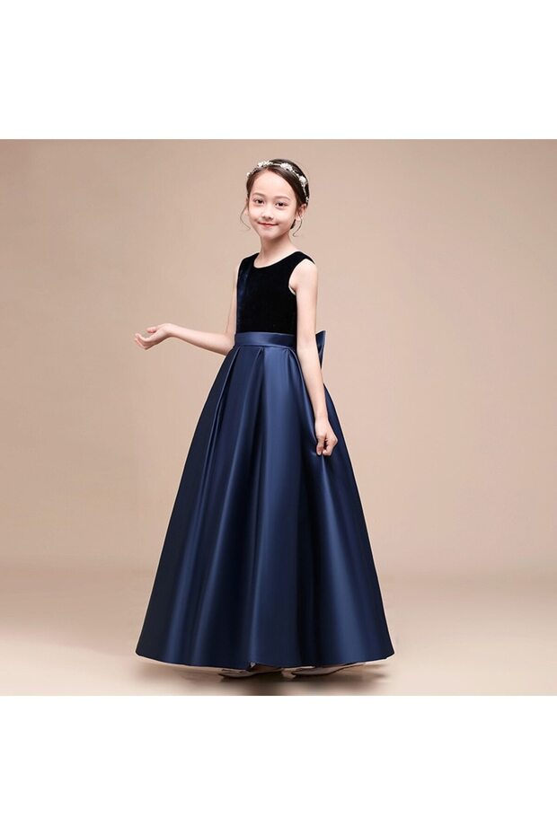 Girls Navy Blue Crew Neck Velvet Evening Dress Dress Skirt Satin Dress