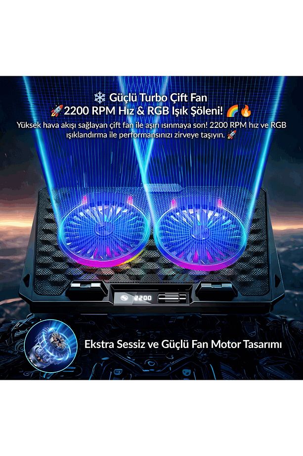 Odin Rgb Işıklı Gaming 2200rpm Çift Fan Led Display Laptop Notebook Soğutucu Stand - 3