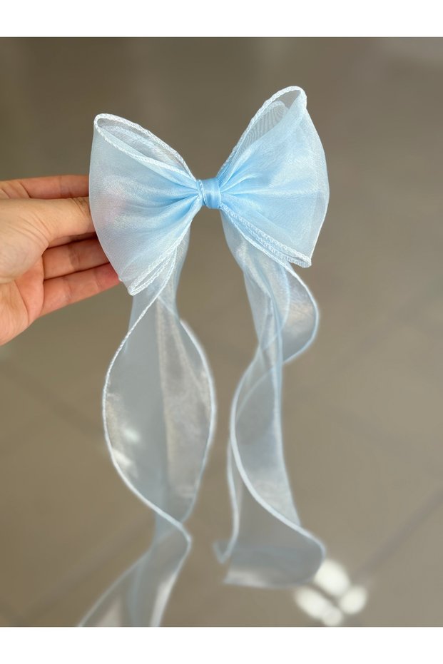 Women's Long Tulle Baby Blue Bowknot Buckle with Curled Ribbon and Clip