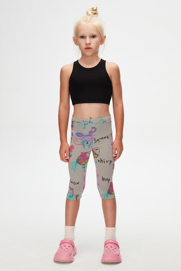 Moon Gray Chirping Animals Girls' Patterned Knee-Length Leggings Capri