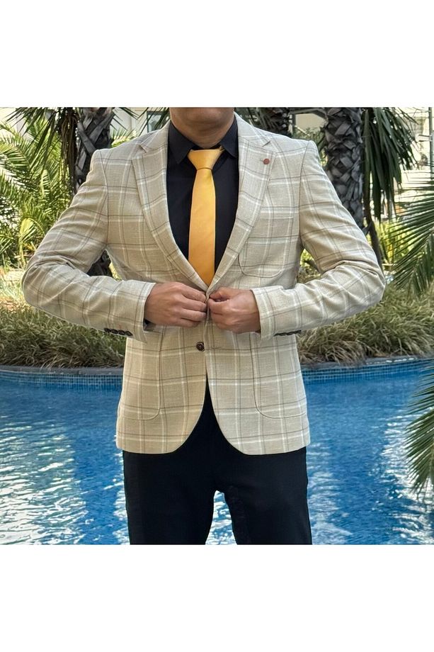 Blazer Slim Fit Blazer Tek Ceket 7148-1 R6 Bej - 6