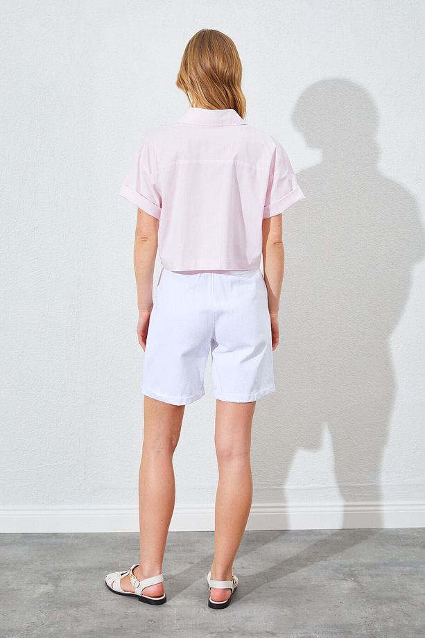 Çift Cepli Düşük Kol Crop Gömlek - Pembe | MKS161448-01 - 7