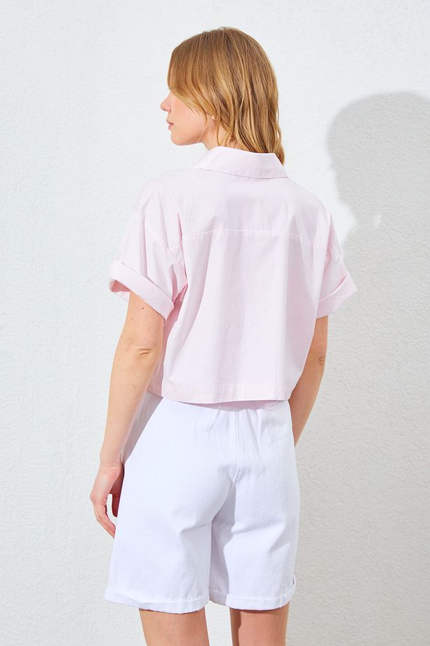 Çift Cepli Düşük Kol Crop Gömlek - Pembe | MKS161448-01 - 5