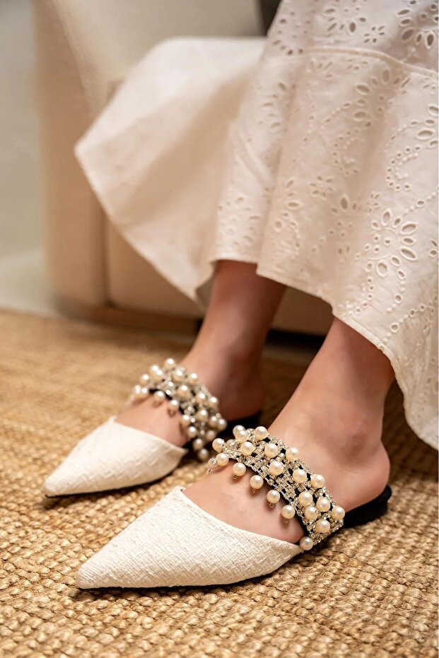 Rosie White Tweed Detailed Stoned Women's Slippers