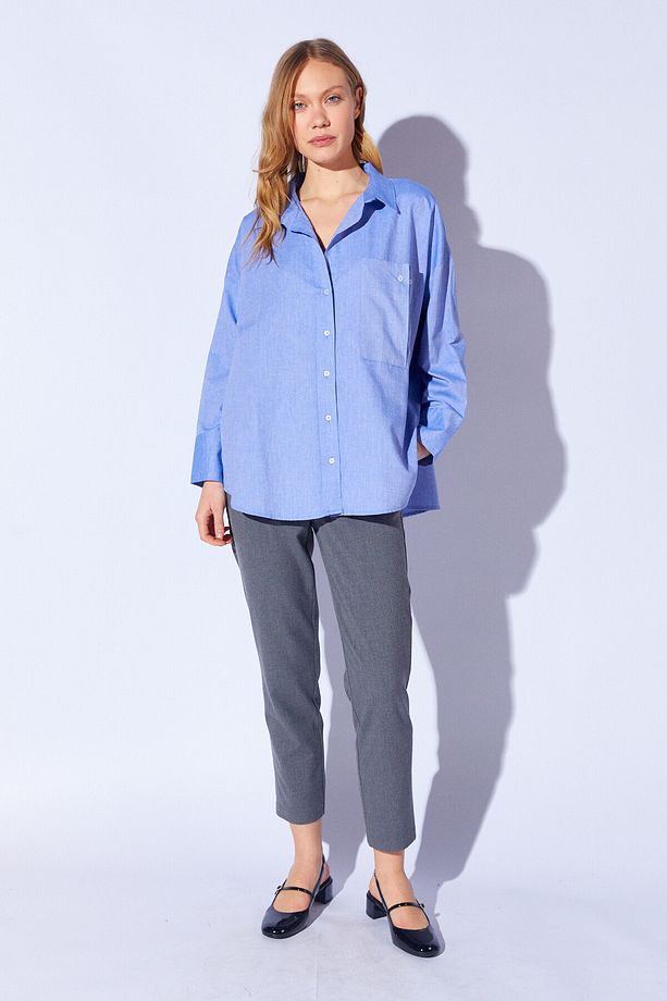 Mavi Büyük Tek Cep Rahat Kalıp Uzun Kollu Oxford Oversize Gömlek | Mkes161423-1 - 7