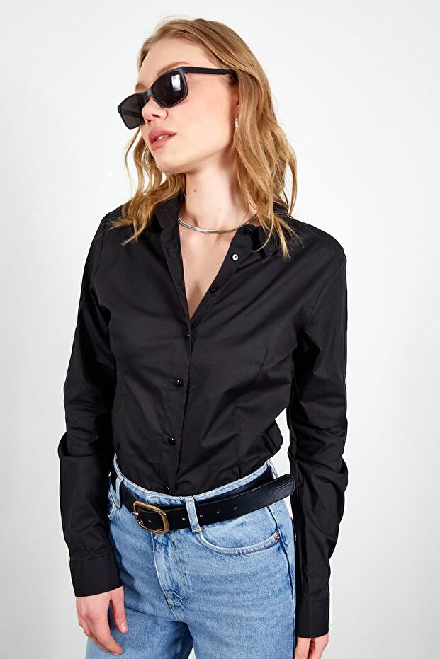 Black Lycra Cotton Women's Shirt | Edi 100166847 -6847