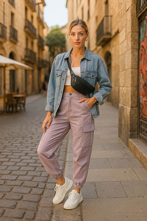 Women's High Waist Cargo Pocket Elastic Leg Lilac Jean Trousers