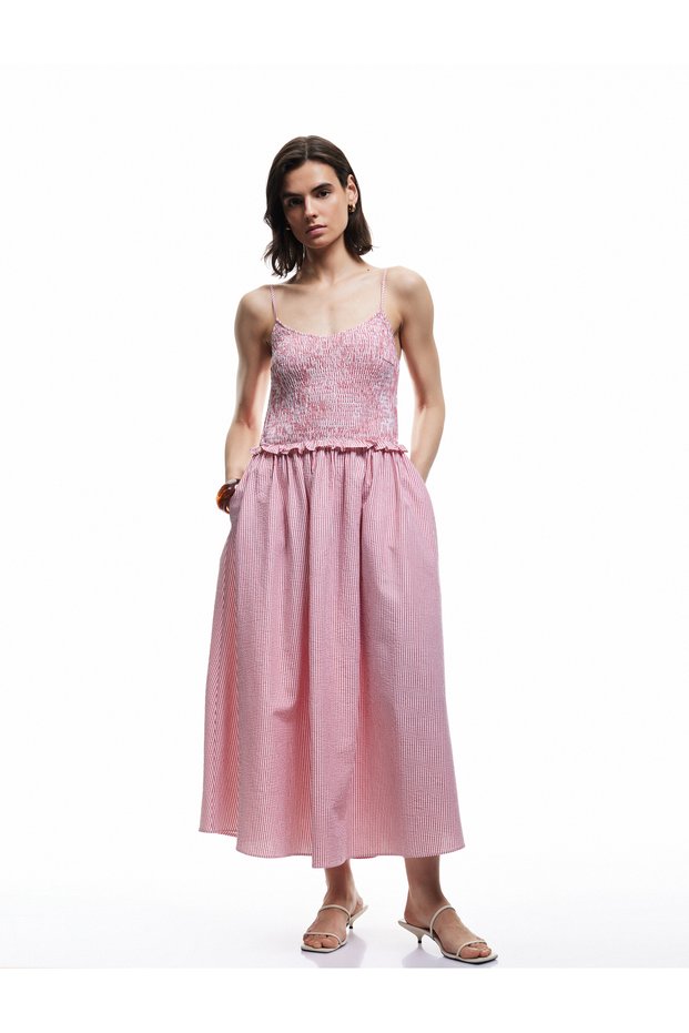 Cotton Ruffle Detailed Gipeli Gingham Thin Strap Midi Length Flared Dress
