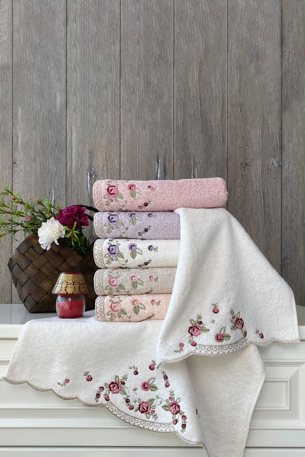 Taren - 70% Bamboo / 30% Cotton Embroidered Hand Towels - Set of 6 50X90