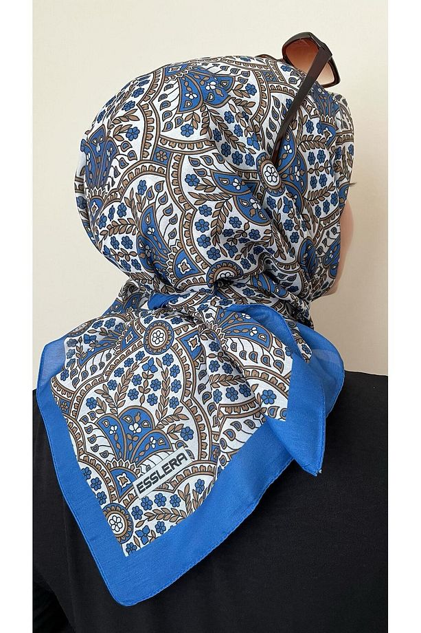 Mavi Etnik Çiçek Desenli Soft Eşarp - 3