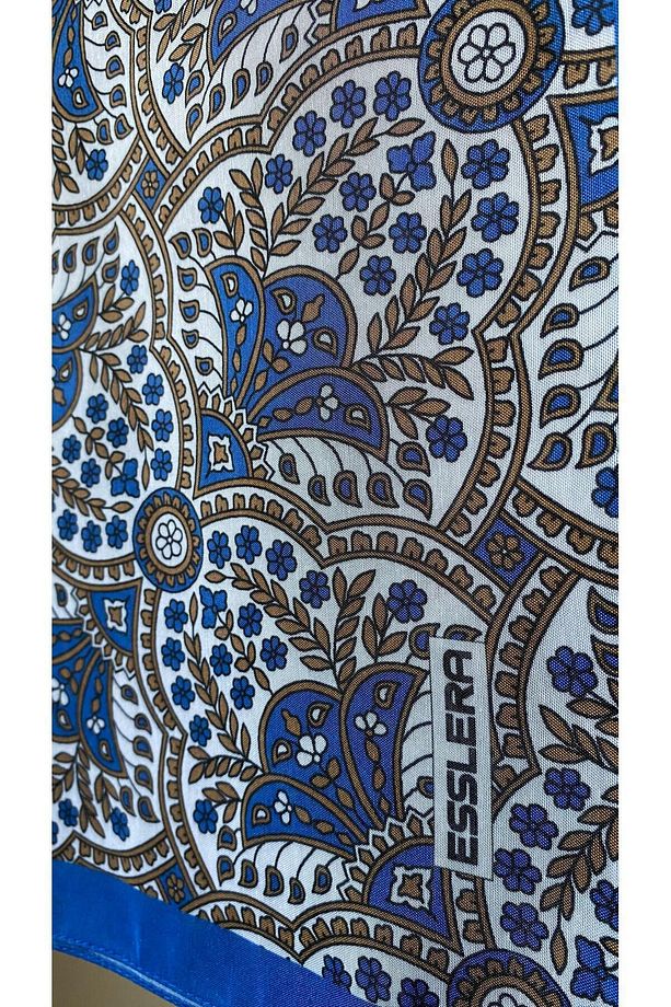 Mavi Etnik Çiçek Desenli Soft Eşarp - 7