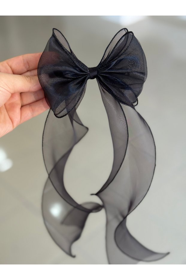 Women's Long Tulle Bow Black with Buckle and Curled Ribbon with Buckle Clip