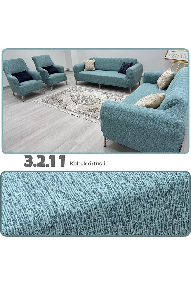 Streç Lastikli Esnek Yıkanabilir Pamuklu 3+2+1+1 Jakarlı Koltuk Örtüsü - 1