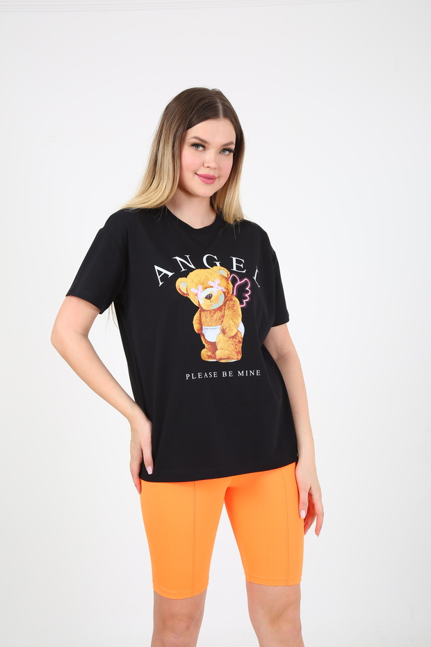 Kadın Teddy Baskılı Siyah Oversize Tshirt - 5