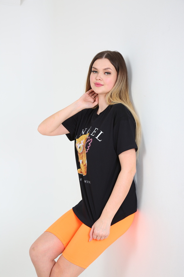 Kadın Teddy Baskılı Siyah Oversize Tshirt - 7
