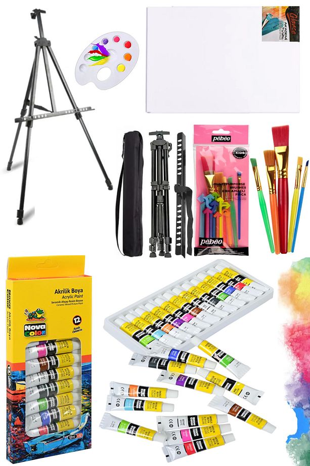 Nova Color 12 Renk Akrilik Boya Tüp 12 ml Portatif Metal Şövale Seti - 1