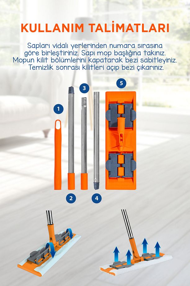 Famous+ Düz Mop Yer Temizlik Sistemi, Islak ve Kuru Kullanım, 360 Döner Başlıklı Pratik Paspas - 5