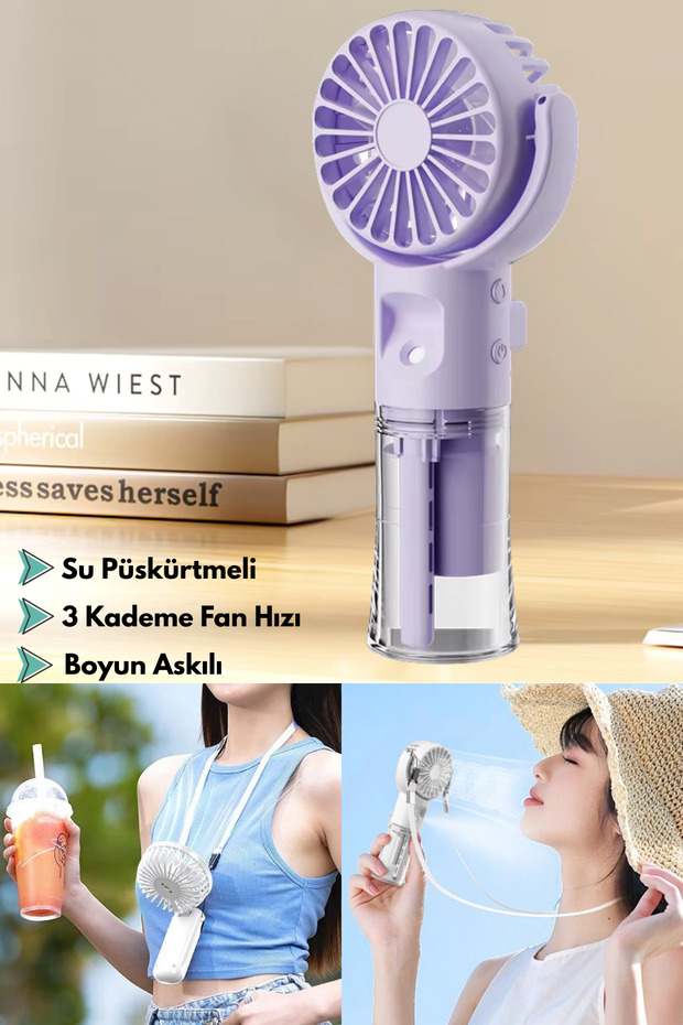 Su Püskürtmeli Masa ve El Fanı+Nemlendirici 2in1 3 Kademe Hız Boyun İpli Güçlü Pervaneli Vantilatör - 1