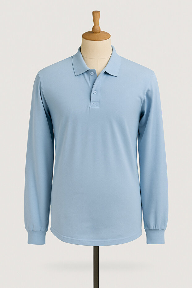 Unisex Polo Neck Long Sleeve Baby Blue T-shirt