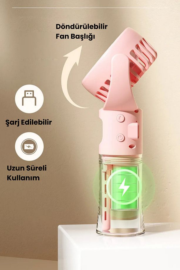 Su Püskürtmeli Masa ve El Fanı+Nemlendirici 2in1 3 Kademe Hız Boyun İpli Güçlü Pervaneli Vantilatör - 4