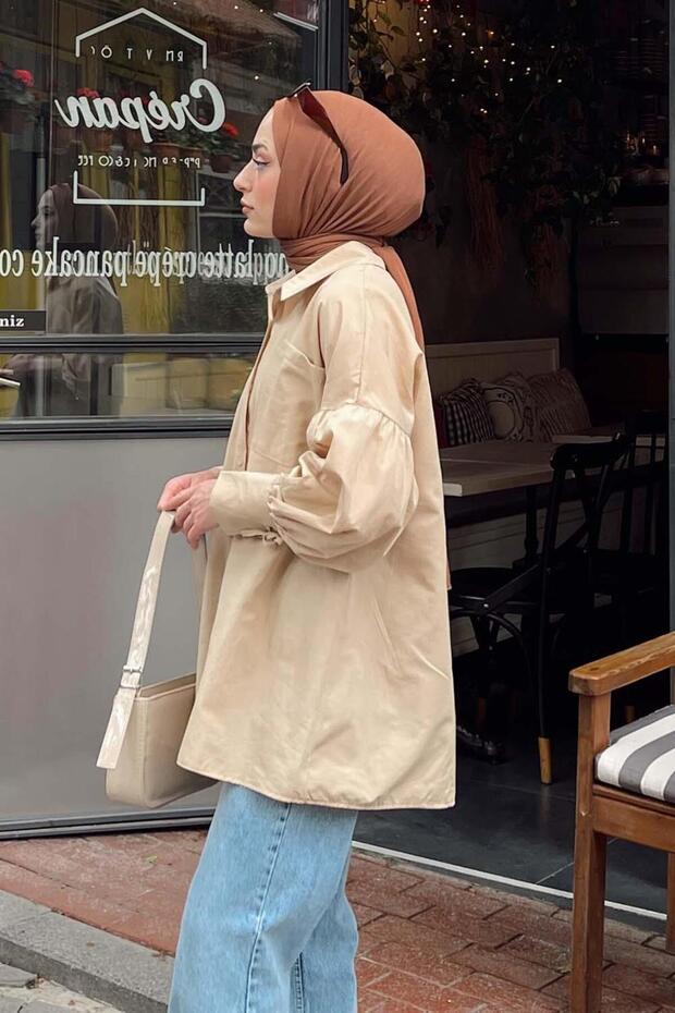 Kol Bağlama Detaylı Oversize Gömlek Bej - 2
