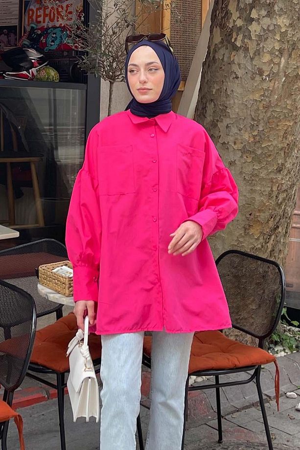 Kol Bağlama Detaylı Oversize Gömlek Fuşya - 2