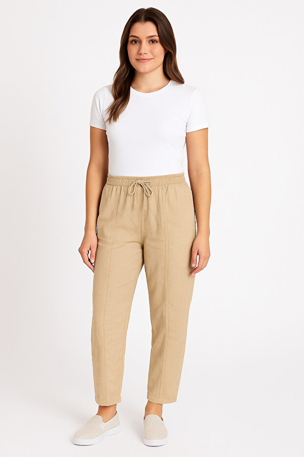 Women's Beige Linen Blend Relaxed Cut Hambez Trousers