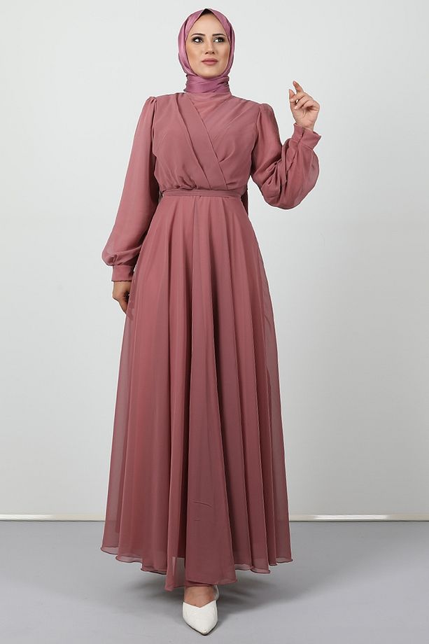 Önü Çapraz Şifon Elbise Pembe - 4
