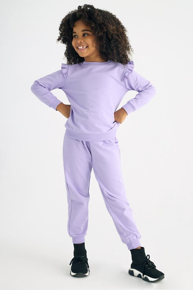 Crew Neck Long Sleeve Lilac Color Girl's Tracksuit Set
