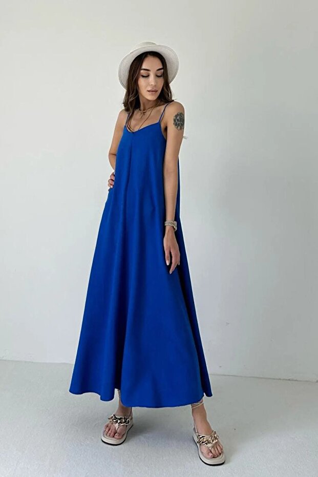 Cobalt Blue Color Does Not Show Wrinkle Fabric Full Lycra Long Black Dress with Adjustable Straps