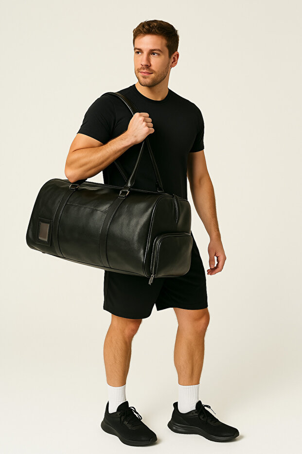 Sports Bag Men's Leather Travel Shoe Compartment Black