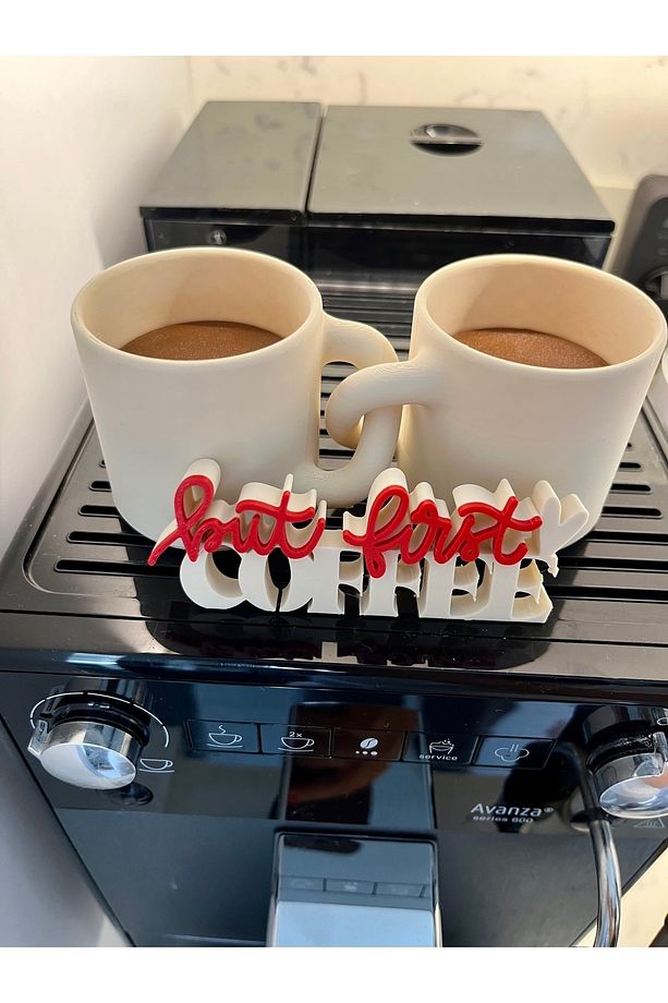 Kahve Köşesi Sevimli Biblo Seti, Bej Kahve Kupası, But First Coffee Yazı Dekor - 1