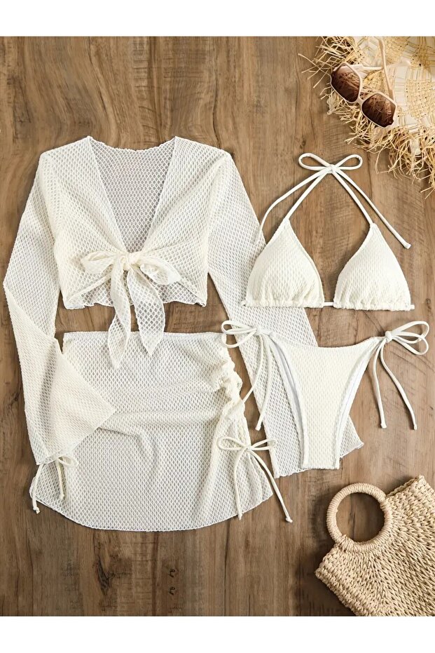 Fileli Beyaz Bikini Takımı - 1