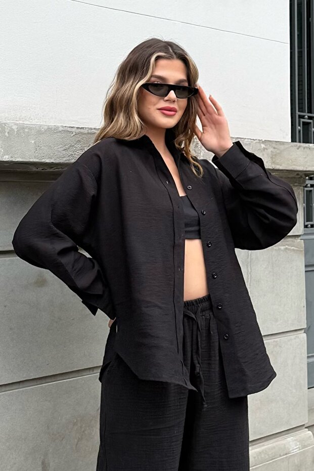 Black Linen Blended Oversize Shirt
