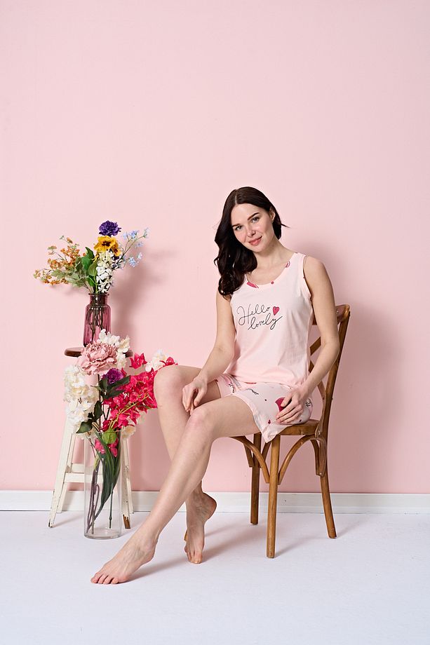Kadın - Açık Pembe Kalp Desenli Kolsuz Alt Üst Şortlu Pijama Takımı - 3
