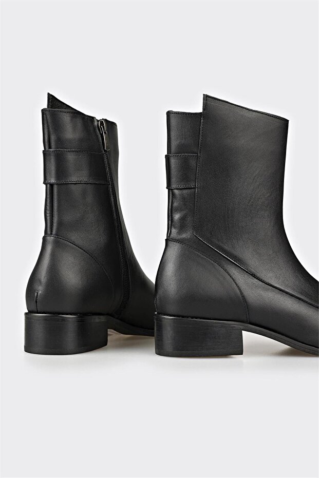 Siyah Deri Kadın Düz Bot - 4
