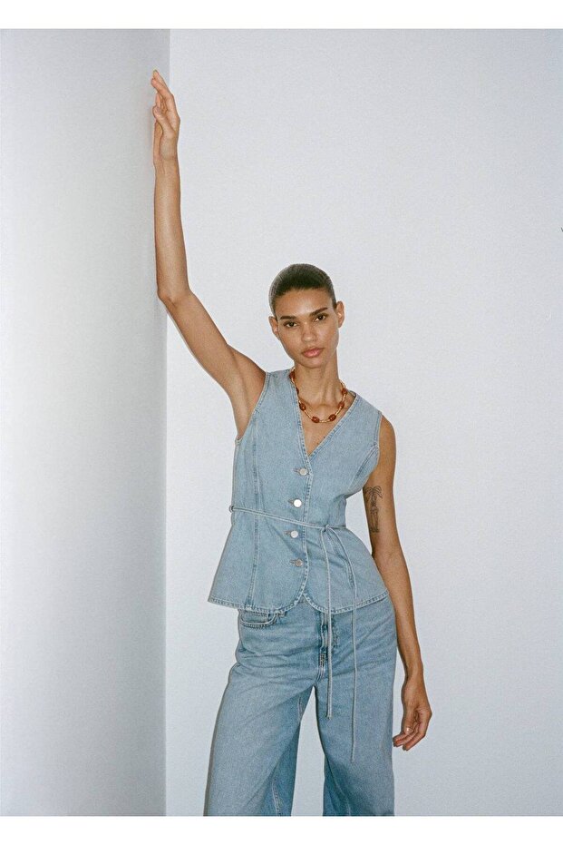 Düğmeli denim yelek - 6