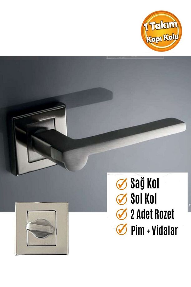 Zara Model Paslanmaz Çelik Nikel Saten Renk Kare Rozetli WC Kapı Kolu / WC Kapıları İçindir - 1
