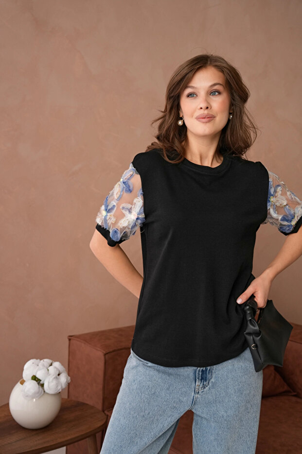 Tül Detaylı Basic T-Shirt - 4