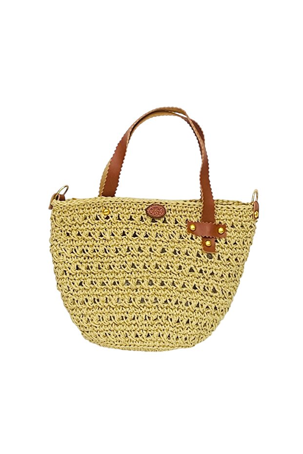Women's Hand Knitted Handmade Paper Rope Leather Handle Hand Shoulder Bag Cream
